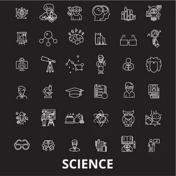 Science editable line icons vector set on black background. Science white イラスト素材
