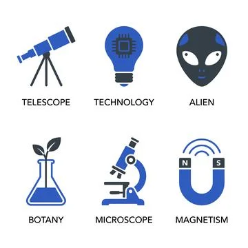 Science education icon set with telescope, lightbulb, alien head, flask, mi.. Ilustração Stock
