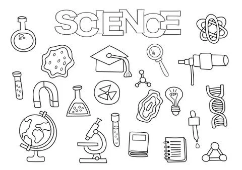 Science elements hand drawn set. Coloring book template.  Outline doodle 스톡 일러스트