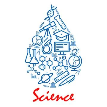 Science emblem in shape of water drop with icons Stock Illustration