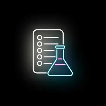 Science experiment checklist neon glowing icon on dark Stock Illustration