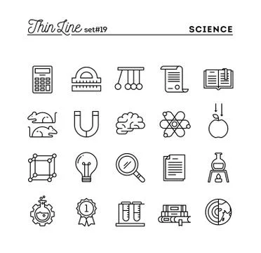 Science, experiments, laboratory, studies and more, thin line icons set Stock Illustration