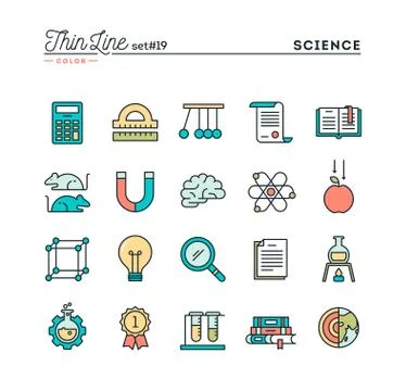 Science, experiments, laboratory, studies and more, thin line color icons set Stock Illustration