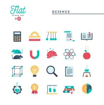 Science, experiments, laboratory, studies and more, flat icons set Stock Illustration