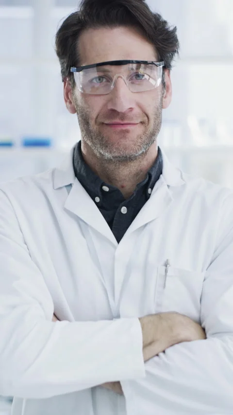 Science, face or man in lab with arms crossed, job or experience in vaccine Stock Footage 331572791