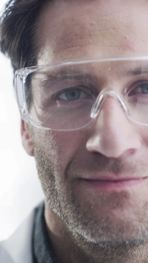 Science, face or man in lab with goggles, job or experience in vaccine Stock Footage 331574934
