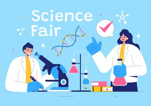 Science Fair Vector Illustration featuring a Chemist Conducting Chemical Ex.. Stock Illustration