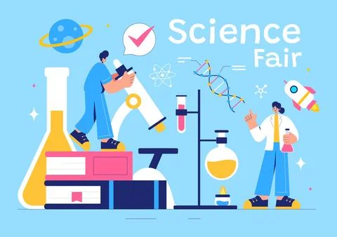 Science Fair Vector Illustration featuring a Chemist Conducting Chemical Ex.. Stock Illustration