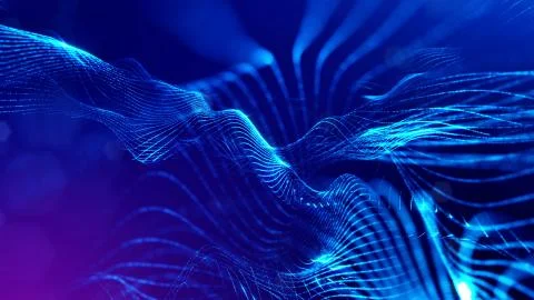Science fiction background of glowing particles with depth of field and bokeh Illustrazione stock