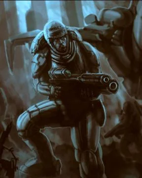 Science fiction commando is fighting. Stock Illustration