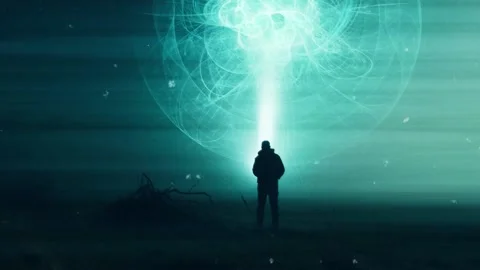 A science fiction concept. Of a man with looking at an alien portal Stock Footage 156041567