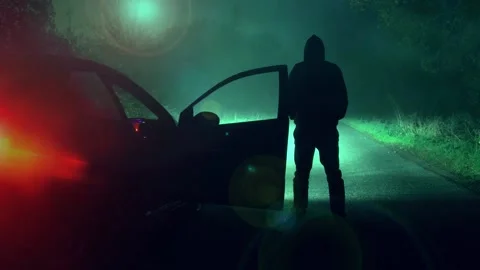 A science fiction concept of a man next to a car looking at a UFO Stock Footage 166845886