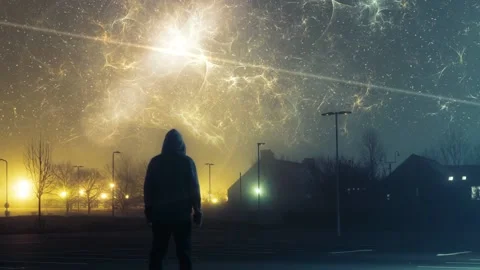 A science fiction concept of a man standing in a city at night. Stock Footage 150880876