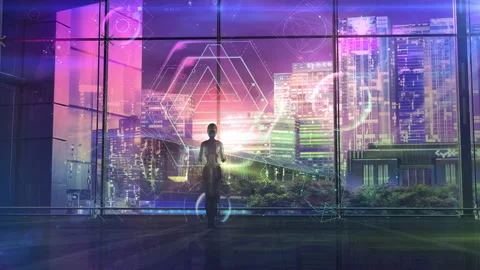 Science fiction plot with robot and infographics, 3D render. Vídeos de archivo 163750033