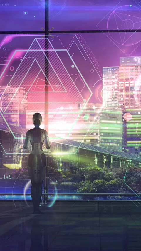 Science fiction plot with robot and infographics, 3D render. Stock Footage 256059404