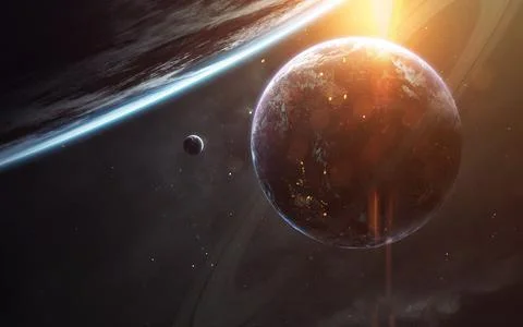 Science fiction wallpaper. Planetary system thousands light years far away from Stock Illustration