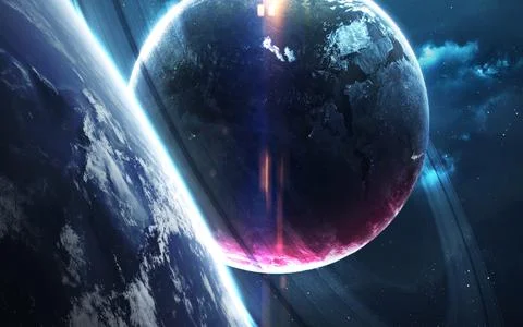 Science fiction wallpaper. Planetary system thousands light years far away from Stock Illustration