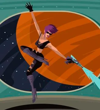 Science fiction woman jumping and shooting in space Stock Illustration