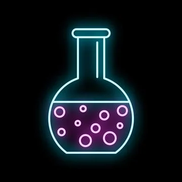 Science flask showing liquid with bubbles in a neon glow Stock Illustration