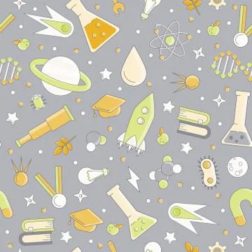 Science flat seamless pattern with scientific elements - molecule, atom Stockillustratie