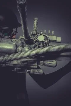Science, future soldier with huge weapon, sci-fi scene Stock Photos