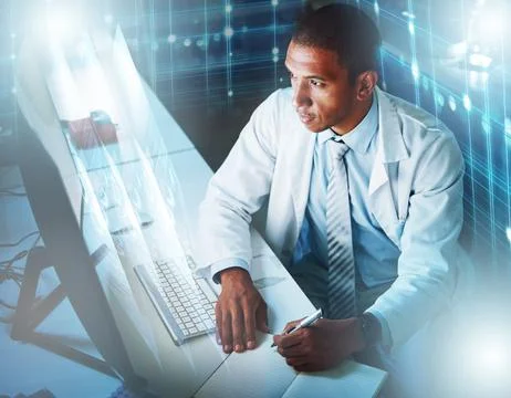 Science, future technology and writing notes for research overlay at computer Foto stock