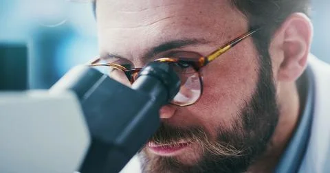 Science, glasses and man with microscope, lab and disease diagnosis for hea.. Stock Photos
