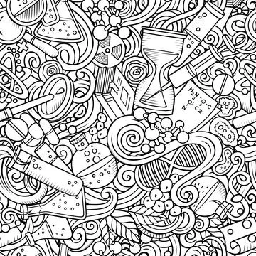 Science hand drawn doodles seamless pattern. Stock Illustration