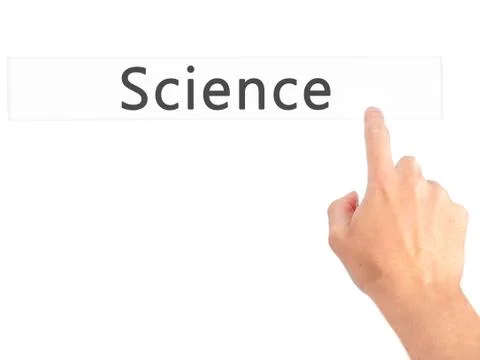 Science - Hand pressing a button on blurred background concept . Business, te Stock Photos