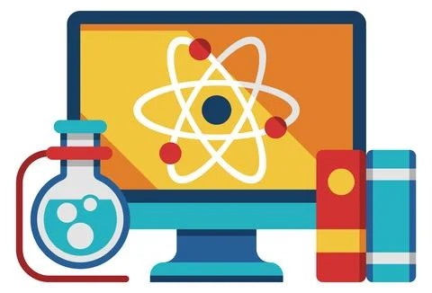 Science icon. Computer screen with physics study Illustrazione stock