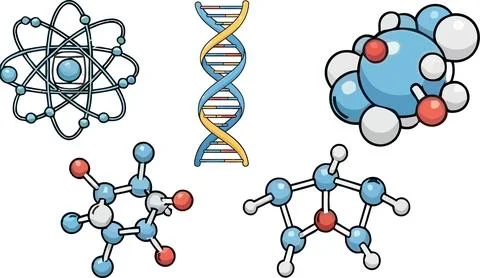 Science Icons: Atom, DNA, Molecules, Chemistry, Biology, Research Stock Illustration