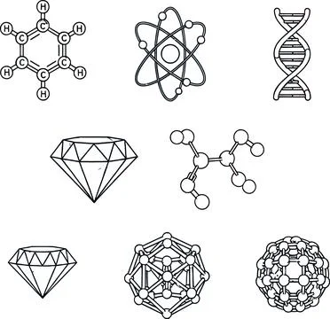 Science Icons: Molecules, DNA, Atom, Diamond, Nanotechnology Stock Illustration