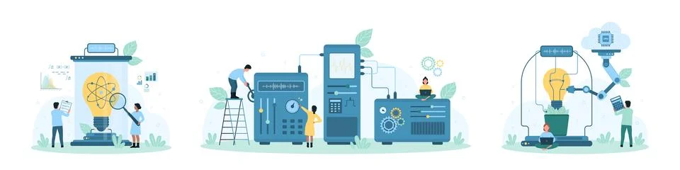 Science idea development set, tiny scientists research light bulb with Stock Illustration