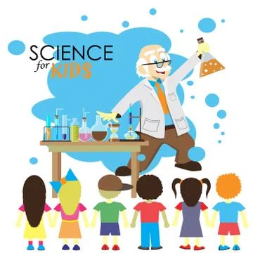 Science for kids. Cartoon scientist shows to kids chemistry experiment in lab Stock Illustration