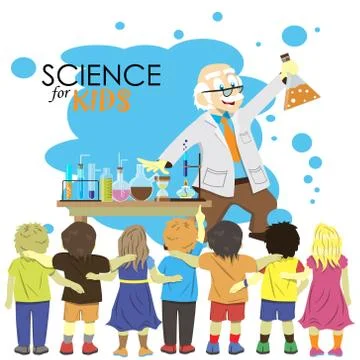 Science for kids. Cartoon scientist shows to kids chemistry experiment in lab Stock Illustration