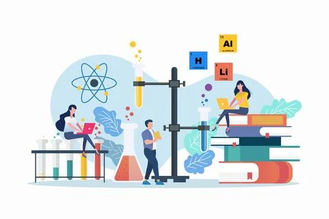 Science lab and school class. Chemistry scene with miniature people. Stock Illustration