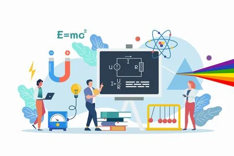 Science lab and school class. Physics scene with miniature people. Illustrazione stock