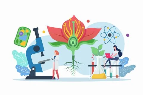 Science lab and school class. Biology scene with miniature people. Illustrazione stock