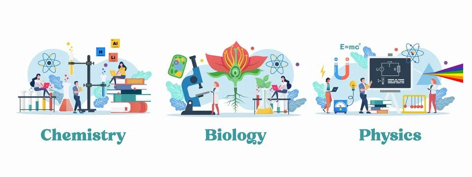 Science lab and school class with miniature people. Chemistry Physics and B.. Stock Illustration