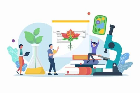 Science lab and school class. Biology class with miniature people. Illustrazione stock