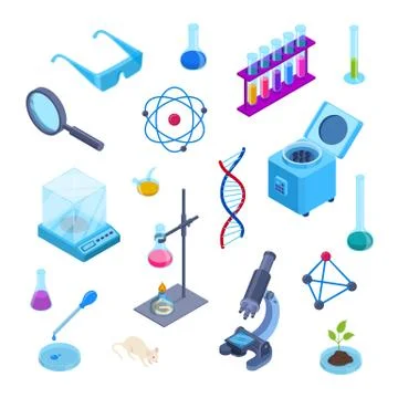 Science lab, chemistry research vector 3d isometric symbols. Isolated flat ic Illustrazione stock
