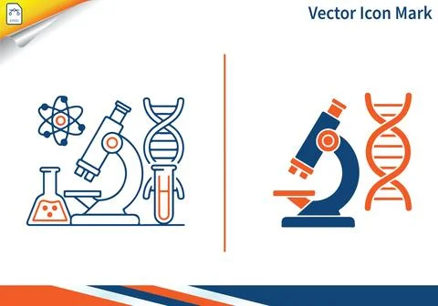 Science lab with microscope, DNA, flask, and atom symbol. Stockillustratie