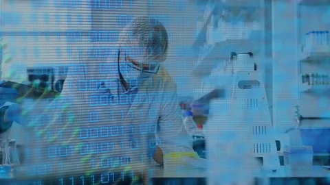 Science lab researcher handling test tube on bench, projecting binary code and Stock Footage 309287703