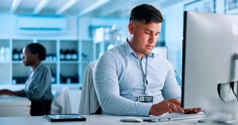 Science, laboratory and man on computer for online research, analysis and Stock Photos
