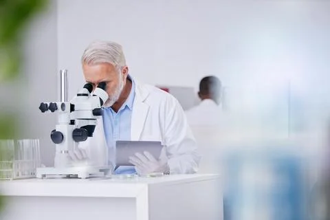 Science, laboratory and man with microscope, tablet and research with plants Foto stock