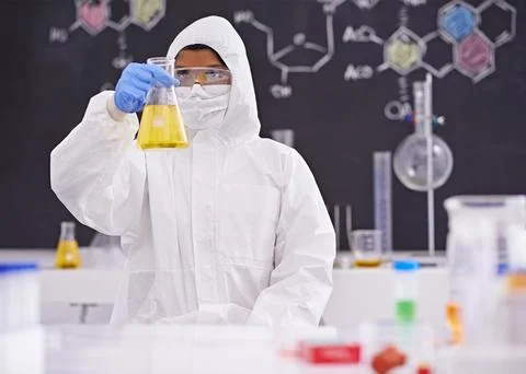 Science, laboratory and scientist with sample in beaker for medical research Foto stock