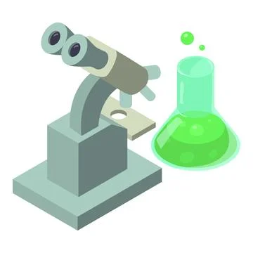 Science laboratory icon isometric vector. Microscope and glass flask with liquid Stock Illustration