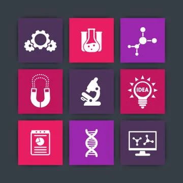 Science, laboratory study icons set, research, microscope, dna chain, lab gla Stock Illustration