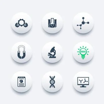 Science, laboratory study icons set, research, report, microscope, dna chain, 스톡 일러스트