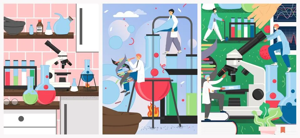 Science laboratory vector poster design template set Stock Illustration